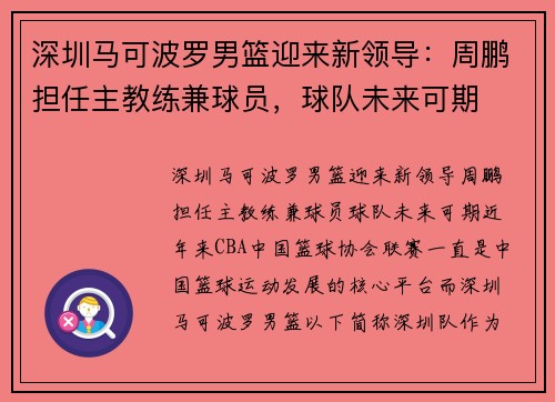 深圳马可波罗男篮迎来新领导:周鹏担任主教练兼球员,球队未来可期