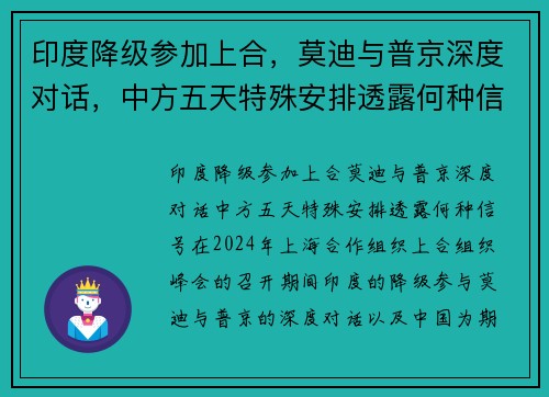 印度降级参加上合,莫迪与普京深度对话,中方五天特殊安排透露何种信号