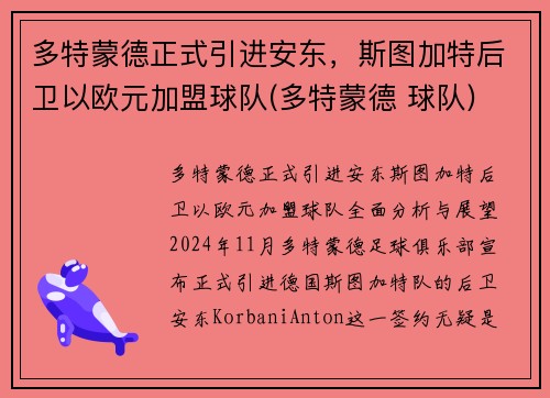 多特蒙德正式引进安东,斯图加特后卫以欧元加盟球队(多特蒙德 球队)