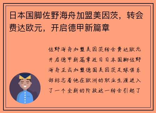 日本国脚佐野海舟加盟美因茨,转会费达欧元,开启德甲新篇章