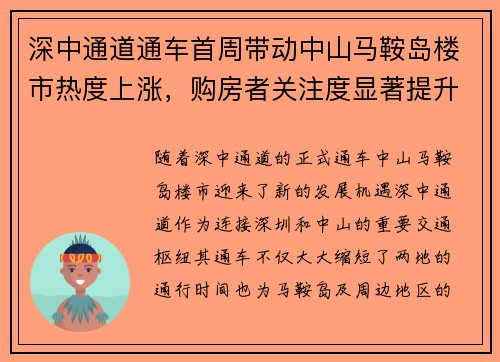 深中通道通车首周带动中山马鞍岛楼市热度上涨,购房者关注度显著提升