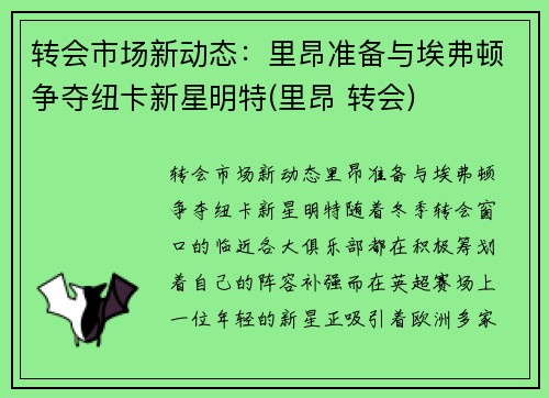 转会市场新动态:里昂准备与埃弗顿争夺纽卡新星明特(里昂 转会)