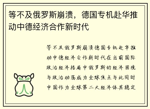 等不及俄罗斯崩溃,德国专机赴华推动中德经济合作新时代