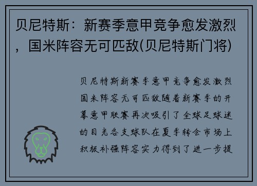 贝尼特斯:新赛季意甲竞争愈发激烈,国米阵容无可匹敌(贝尼特斯门将)