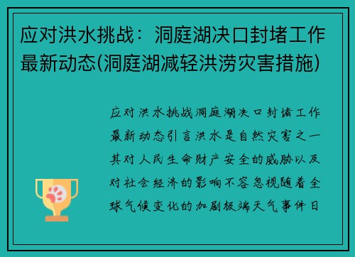 应对洪水挑战:洞庭湖决口封堵工作最新动态(洞庭湖减轻洪涝灾害措施)