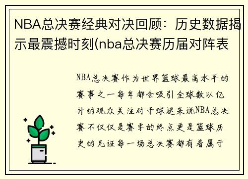 NBA总决赛经典对决回顾:历史数据揭示最震撼时刻(nba总决赛历届对阵表)
