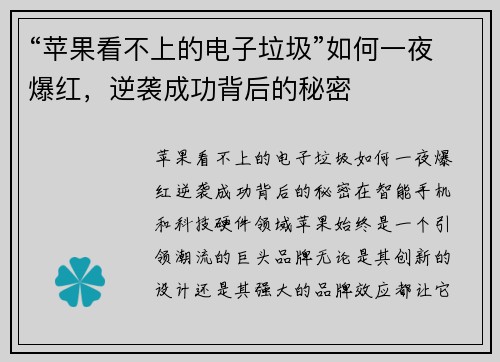 “苹果看不上的电子垃圾”如何一夜爆红,逆袭成功背后的秘密
